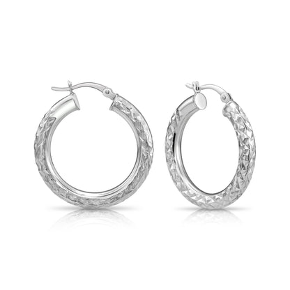 Sterling Silver Chunky Round Hoop Earrings with Diamond-Cut Design – 28mm