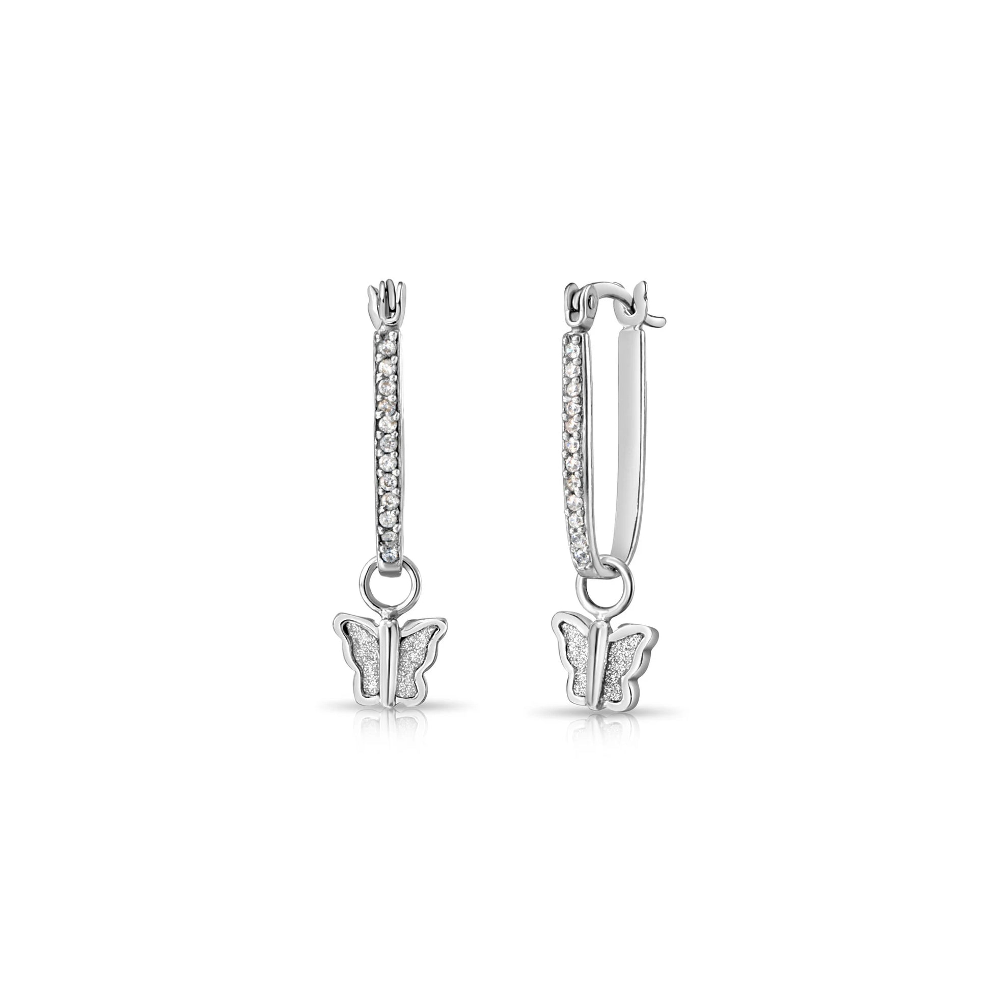 925 Sterling Silver Glitter Butterfly CZ Oval Hoop Earrings with Butterfly Charm