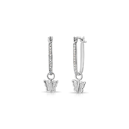925 Sterling Silver Glitter Butterfly CZ Oval Hoop Earrings with Butterfly Charm