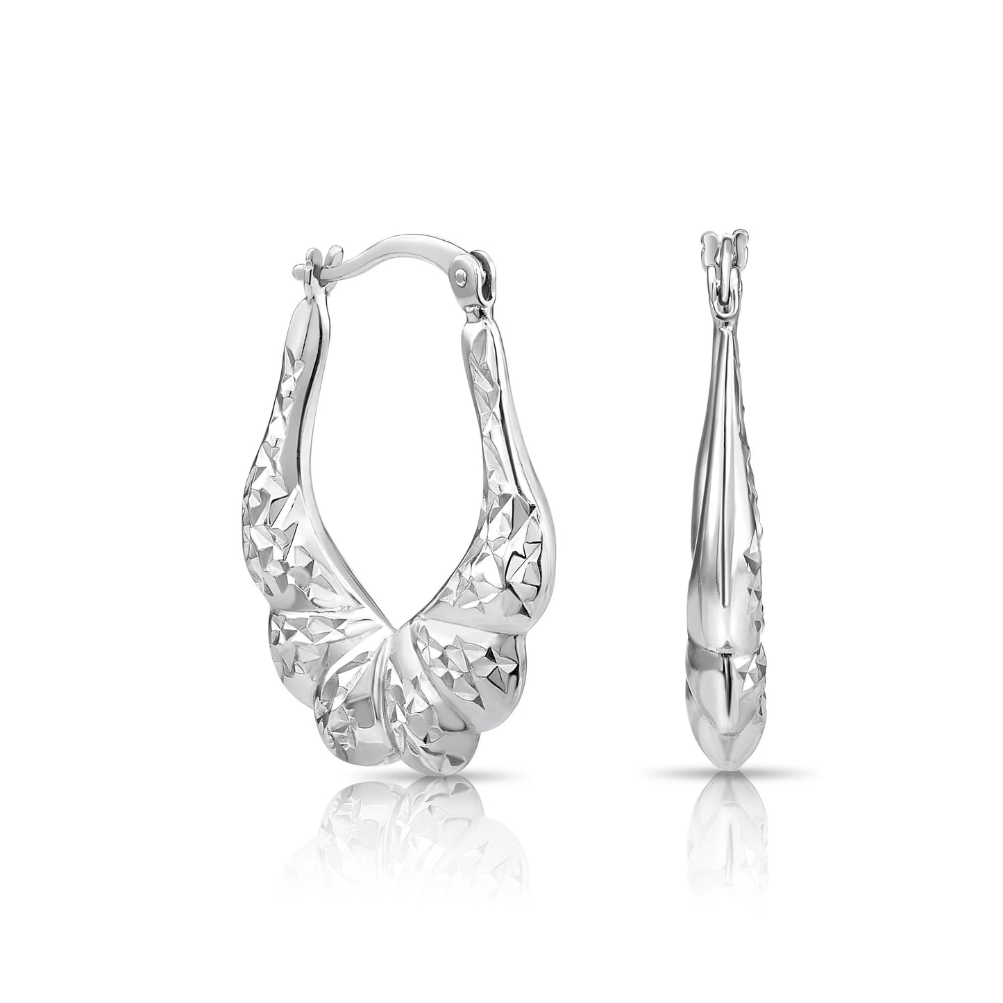 925 Sterling Silver Diamond-Cut Oval Croissant Hoop Earrings with Hand-Engraved Design