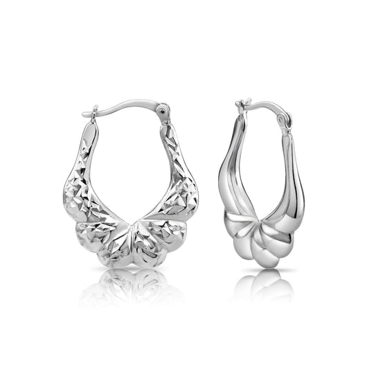 925 Sterling Silver Diamond-Cut Oval Croissant Hoop Earrings with Hand-Engraved Design