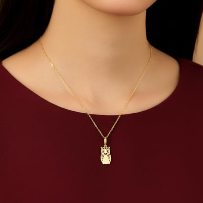 14K Gold Owl Pendant Necklace with 18" Chain