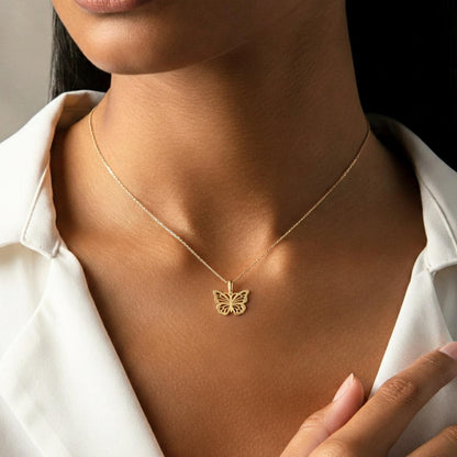 14K Gold Butterfly Pendant Necklace with Delicate 18" Cable Chain