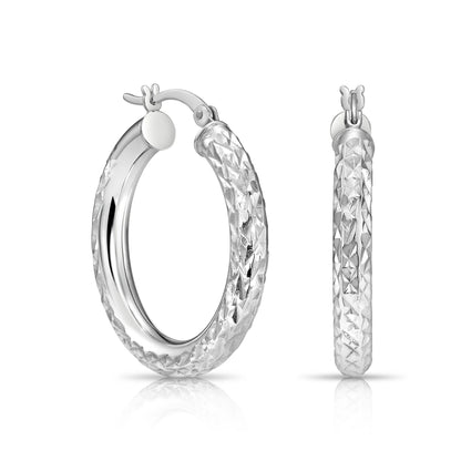 Sterling Silver Chunky Round Hoop Earrings with Diamond-Cut Design – 28mm