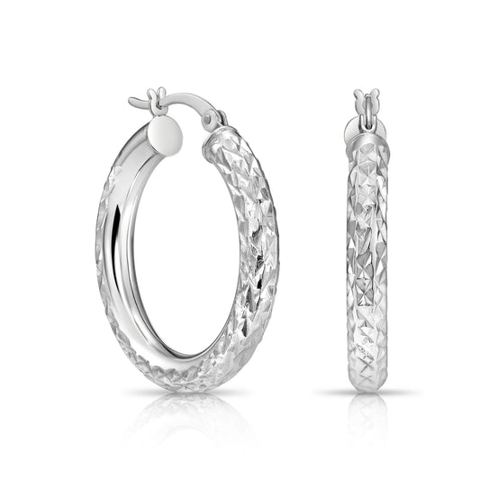Sterling Silver Chunky Round Hoop Earrings with Diamond-Cut Design – 28mm