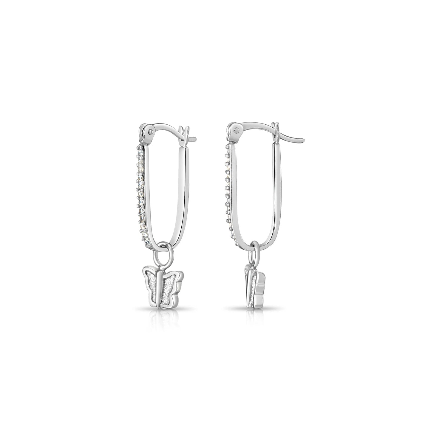 925 Sterling Silver Glitter Butterfly CZ Oval Hoop Earrings with Butterfly Charm