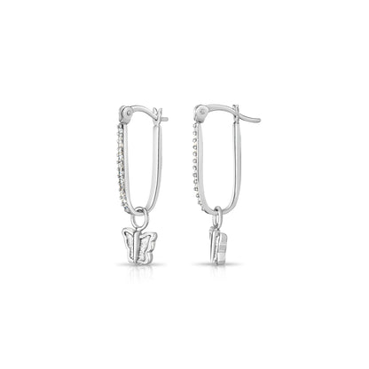 925 Sterling Silver Glitter Butterfly CZ Oval Hoop Earrings with Butterfly Charm